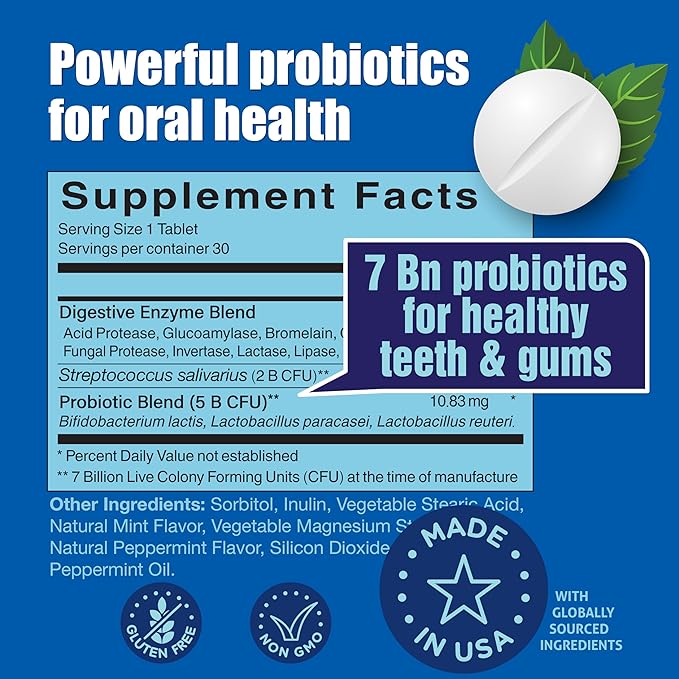 Oral Probiotics for Mouth Bad Breath 7 Billion CFU - Chewable Dental Probiotics for Teeth & Gums, Fresh Breath Freshener, Supports Oral Microbiome & Healthy Mouth