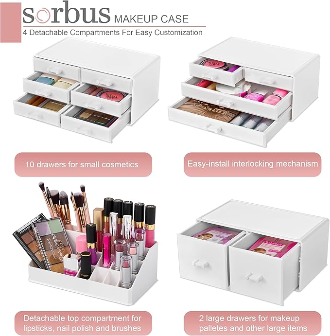 Sorbus Large Makeup Organizer - Stackable Jewelry & Makeup Organizer For Vanity, Bathroom Storage, Dresser - 12 Drawers Cosmetic Beauty Organizers and Storage with Lipstick, Makeup Brush Holder