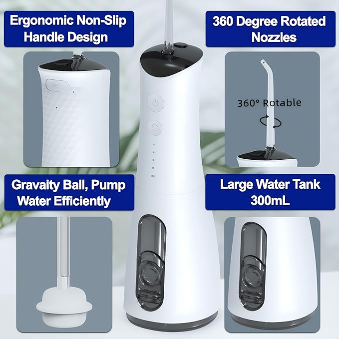 KAMEX Cordless Water Dental Flosser for Teeth Cleaning: Portable Oral Irrigator with 300ML Tank, 4 Cleaning Modes, Rechargeable IPX7 Waterproof Water Flosser for Sensitive Gums, Braces - Home & Travel