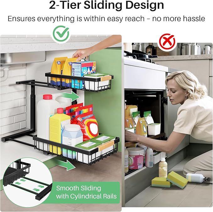 Under Sink Organizer, 2 Packs 2 Tier Under Sink Organizers and Storage, Slide out Pull out Cabinet Organizer Shelf, Metal Sliding Drawer for Kitchen Bathroom Pantry Cabinet Closet Organization Rack