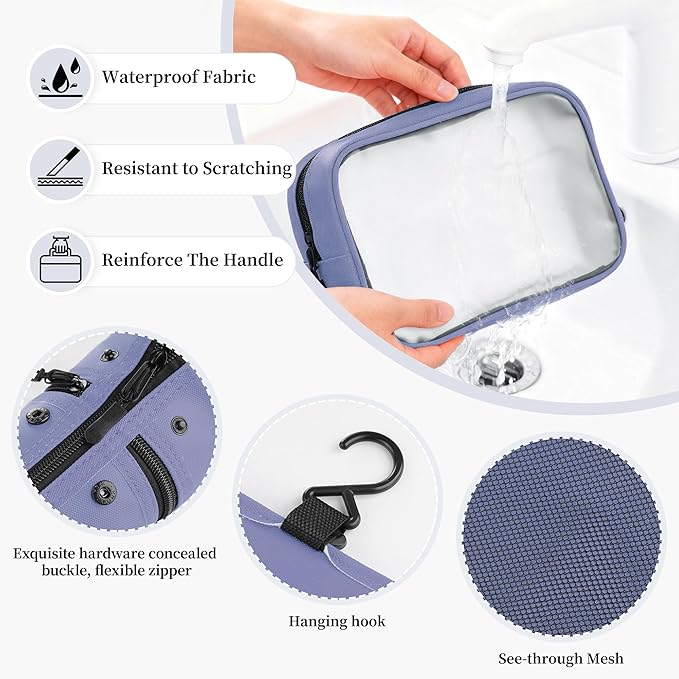 Toncoke Travel Toiletry Bag Set, Hanging Toiletry Bag Premium Faux Leather, Toiletry Bag for Women & Men, Travel Essentials Makeup Bag Water-resistant, Bluish Purple
