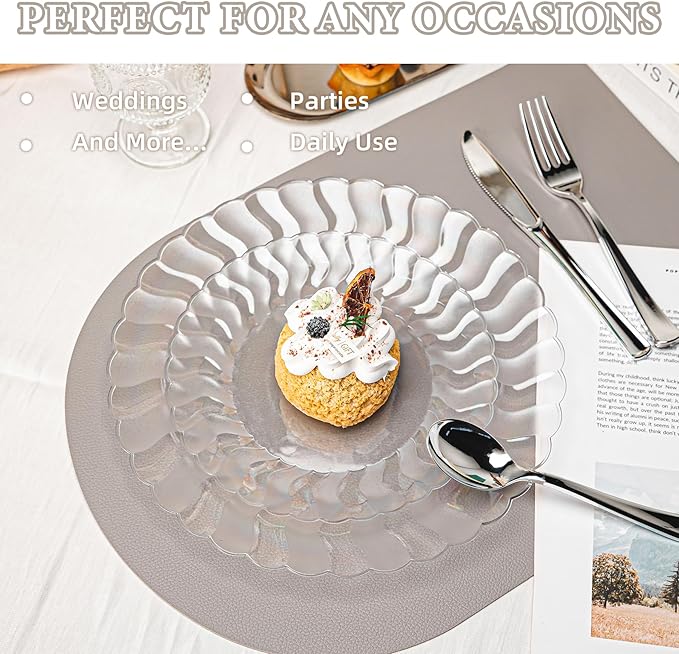 Lullaby 60PCS Clear Scalloped Plastic Plates, Disposable Elegant Party Plates Include 30pcs Dinner Plate 10.25", 30pcs Plastic Dessert Plate 7.5", Perfect for Wedding and Party