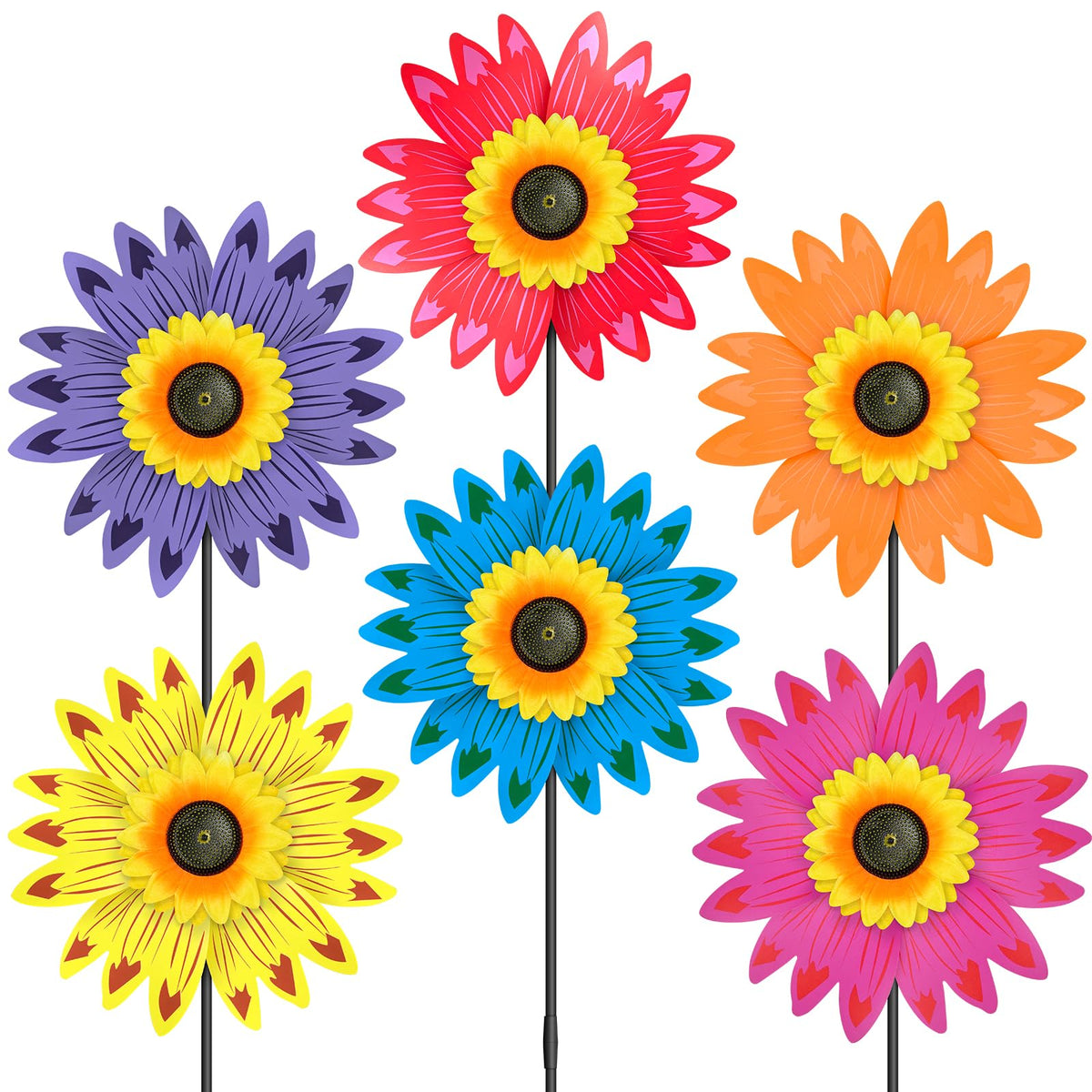 DECEED 6PCS Sunflower Wind Spinners with Stakes 14" W x 29" H Wind Spinners Lawn Pinwheel Sunflower Windmill Outdoor Multicolor Pinwheels for Yard Decoration