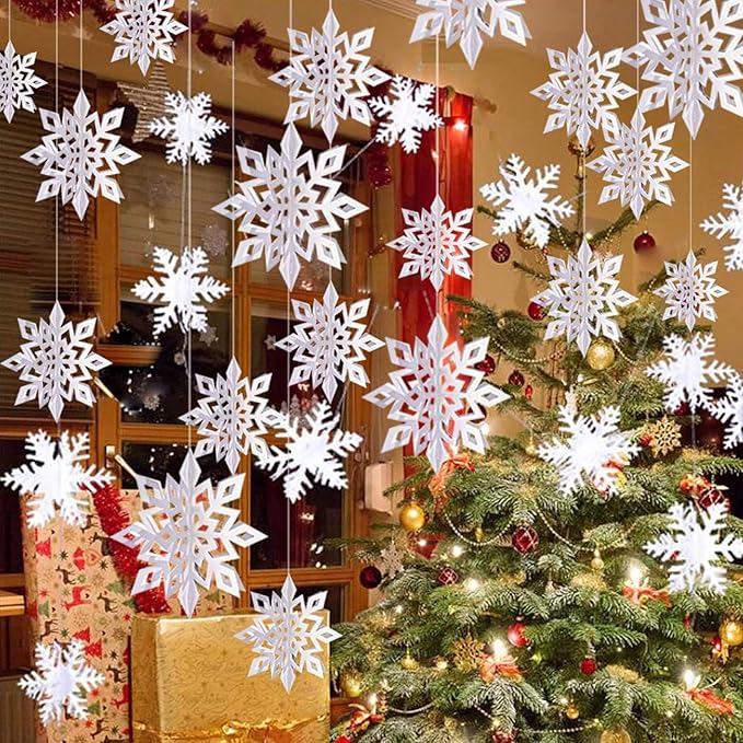 OuMuaMua Winter Christmas Snowflake Decorations Indoor, 36PCS 3D White Snowflakes Hanging Ornaments for Home Christmas Holiday Winter Wonderland New Year Party Decorations