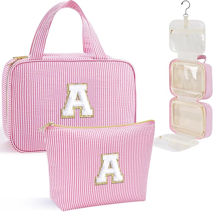 YOOLIFE Mothers Day Gifts for Mom Daughter - Initial Hanging Toiletry Bag, Birthday Gifts for 8 9 10 11 12 13 14 15 16 Year Old Girls, Travel Makeup Bag Gift for Women Girls Sister, Letter A, Pink