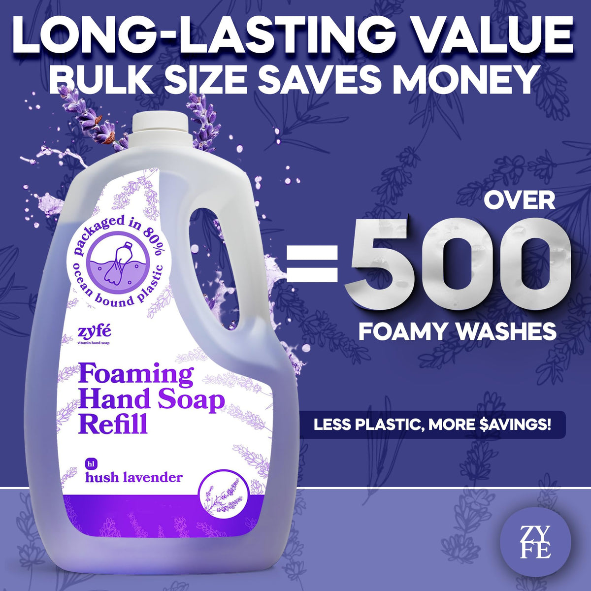 ZYFE Lavender Hand Soap Refills Foam, 64oz Liquid Hand Soap Foam Refill in Recycled Bottle, Natural Handwash Refill with Essential Oils, Biodegradable & Moisturizing