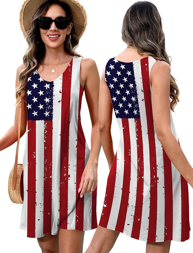 LHBNK 4th of July Dress for Women: American Flag Tank Dresses Star Striped Splicing Loose V Neck Sundresses