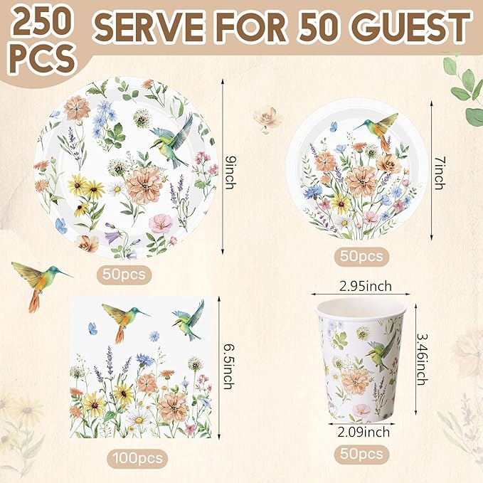 Pickmesh 250 Pcs Spring Wildflower Decoration Floral Hummingbird Themed Disposable Paper Plates Napkins and Cups Dinner Tableware for Birthday Party Dinnerware Birthday Baby Shower Tea Party Supplies
