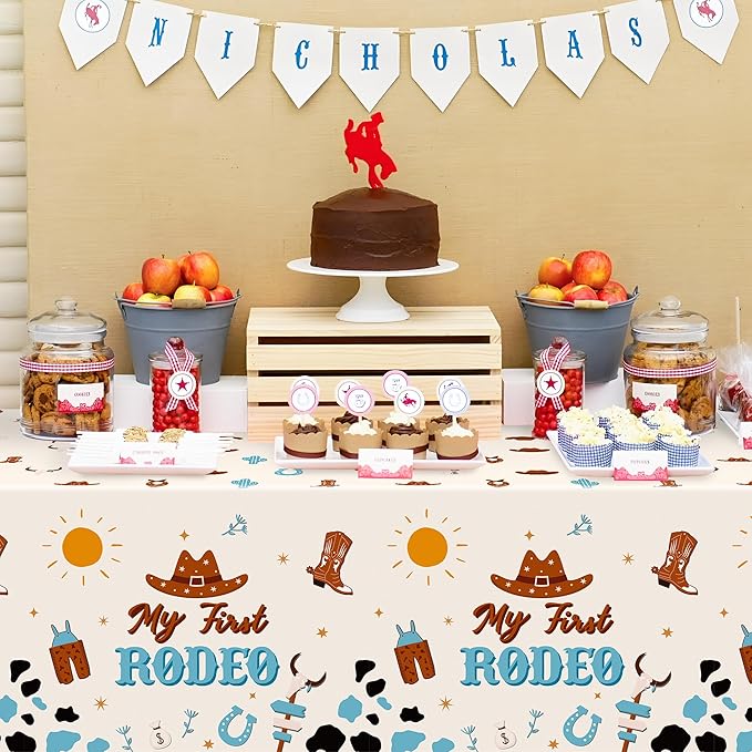 K1tpde 3PCS My First Redeo Birthday Party Tablecloths Western Theme Cowboy Table Covers for Kids Blue Cowboy 1st Plastic Table Cloth for Boy Redeo Themed Party Decoration Supplies