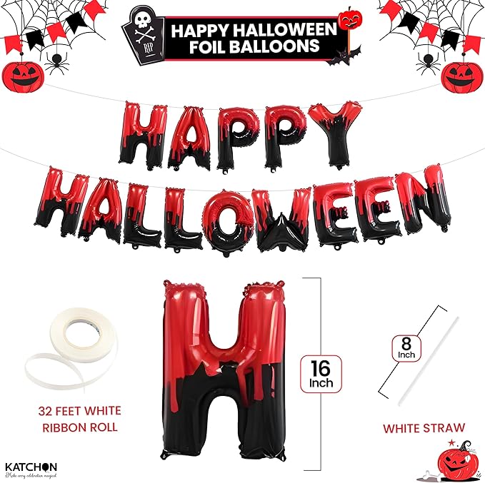 KatchOn, Happy Halloween Banner Balloons - 16 Inch | Red and BLack Foil Letters | Spooky Balloon Banner for Halloween Decorations indoor, Outdoor | Haunted House Decorations