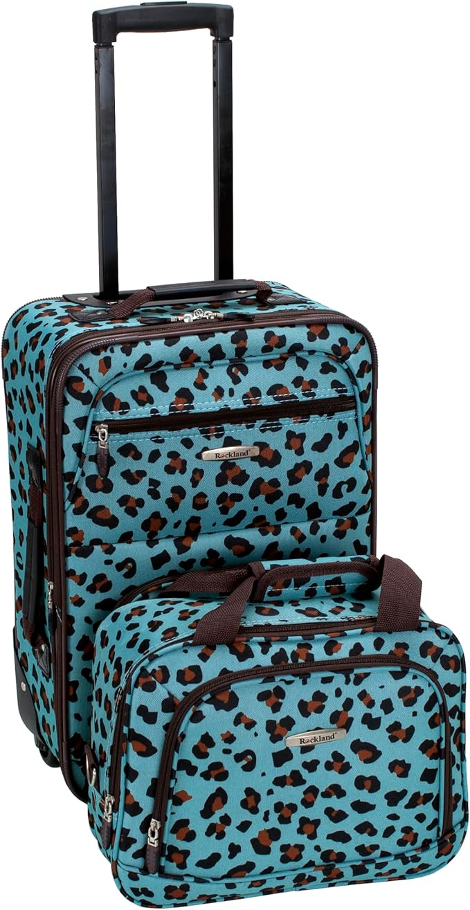 Rockland Fashion Softside Upright Luggage Set,Expandable,Telescopic Handle,Wheel, Blue Leopard, 2-Piece (14/19)