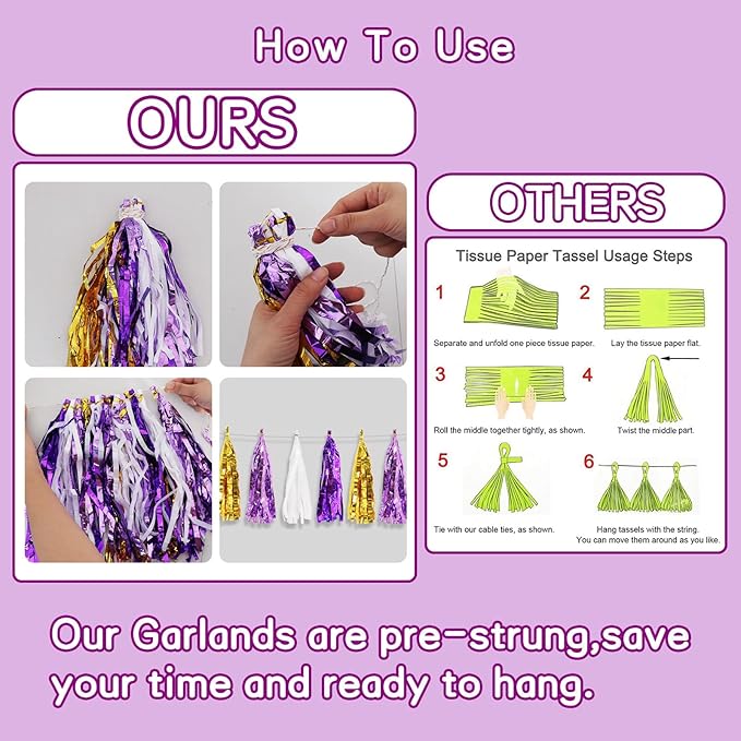 BEISHIDA 3 Packs Purple Gold White Metallic Foil Fringe Tassel Garland Banner Streamers for Graduation Birthday Wedding Bridal/Baby Shower Engagement Girl Theme Halloween Holiday Party Decoration