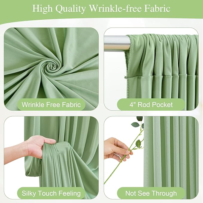 20x10FT Sage Green Backdrop Curtains with Lights for Parties,Wrinkle Free Wedding Photo Backdrop Curtains for Baby Shower Birthday Ceremony Reception Home Party Decorations-5ft x 10ft,4 Panels