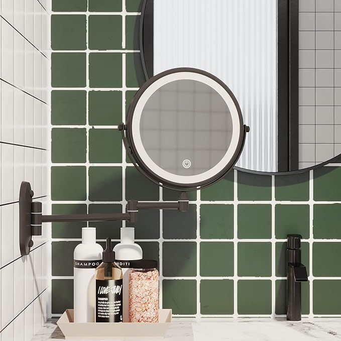 Ruacq Rechargeable Makeup Mirror Matte Black Double Sided Vanity Mirror with Lights Round 1x/10x Magnification 8 Inch Led Magnifying Mirror Stainless Steel and Zinc Alloy Modern Wall Mounted