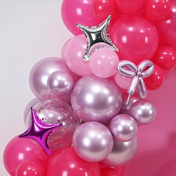 Hot Pink Balloons Garland Arch Kit, Metallic Chrome Magenta Balloon Happy Birthday Decorations Baby Dark Pink Silver Star Confetti Balloons for Girls Birthday Princess Wedding Baby Shower Party Decor