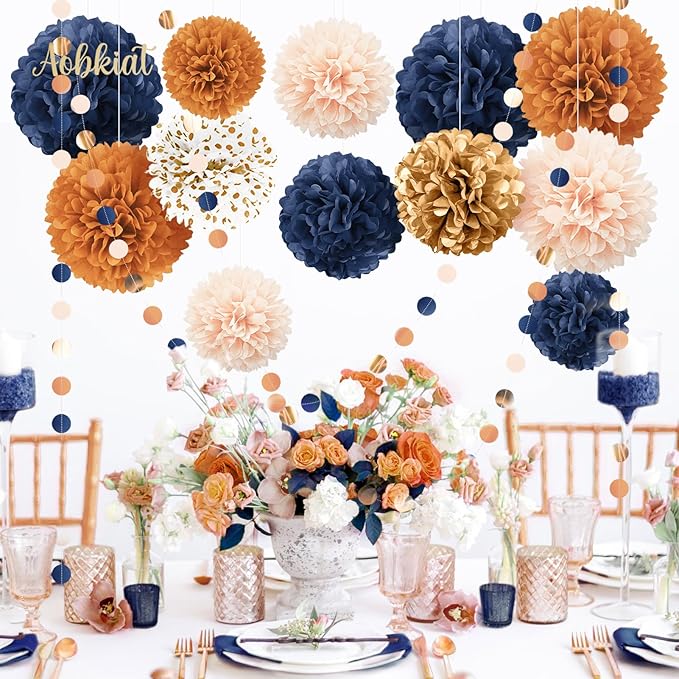AOBKIAT Boho Fall Wedding Party Decorations,15PCS Navy Blue Orange Tissue Paper Pom Poms Colorful Paper Garland String Hanging Backdrop for Baby Shower,Bridal Shower,Gardens Celebration