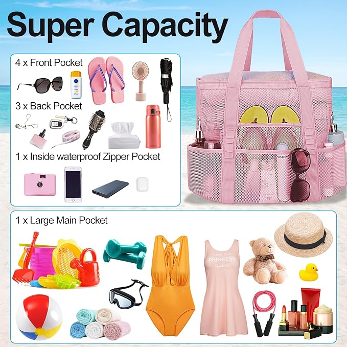 Mesh Beach Bags for Family - Women Beach Tote Bag for Toys, Towels, Travel Vacation Cruise Essentials