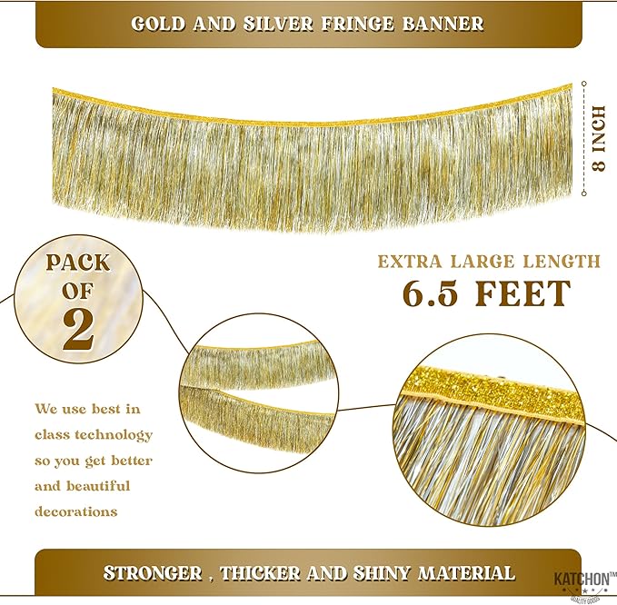 KatchOn, Silver and Gold Fringe Banner Garland - 6.5 Feet, Pack of 2 | Gold Fringe Garland for Golden Birthday Decorations | Golden, Silver Streamers for Graduation Party Decorations 2026