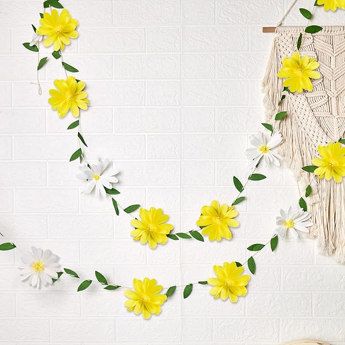 2PCS Yellow Flower Garland, Paper Flower Leaves Banner, Spring Paper Flower Garland for Birthday Baby Shower Wedding Garden Decor