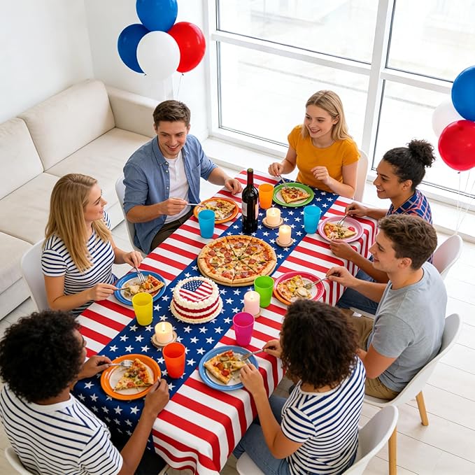 4th of July Tablecloth, Patriotic Plastic Tablecloths 54"x108", Fourth of July Table Decorations Red White and Blue American Table Covers 8 Pack, Patriotic Decorations Memorial Day Party Supplies