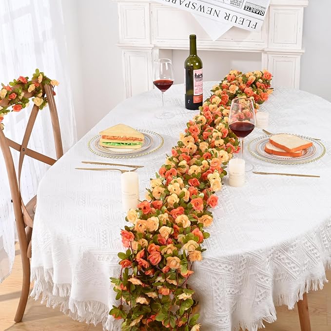 MARTINE MALL Flower Vines, 5 Strands 41Ft Rose Vines for Bedroom, Champagne and Orange Floral Garland for Room Birthday Wedding Party Garden Wall Decor