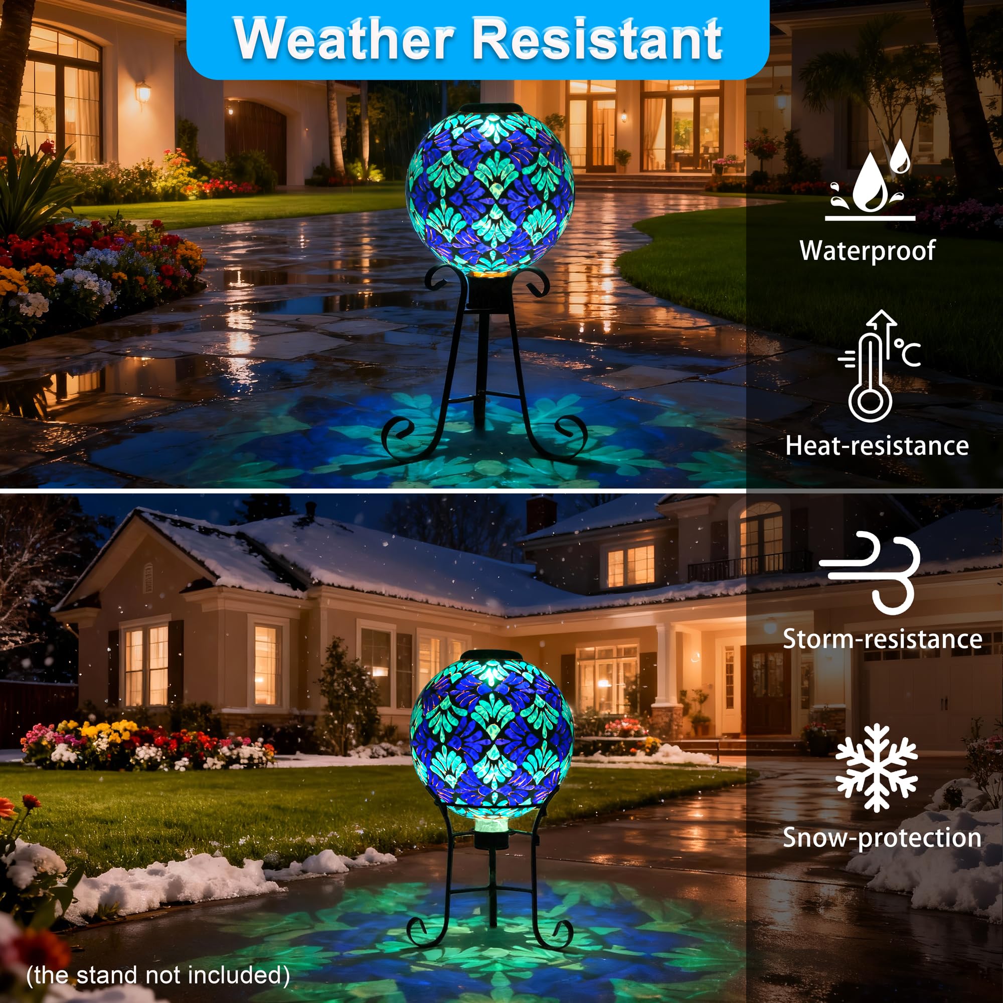 SAVENNA Mosaic Solar Gazing Ball 10 Inch, Glass Garden Globe with Auto On/Off for Yard, Lawn & Outdoor Decor, Blue Mosaic