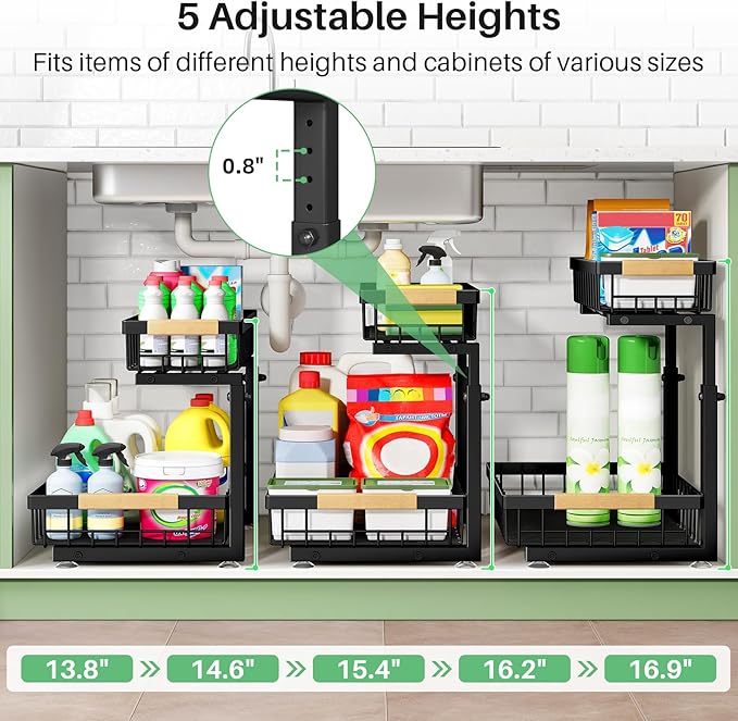 Pull out Cabinet Organizer, 2 Tier Under Sink Organizer, Slide out Metal Kitchen Cabinet Organizers Drawer Shelf, Sliding Storage Shelves for Kitchen Bathroom Pantry Cabinet Closet Organization Rack
