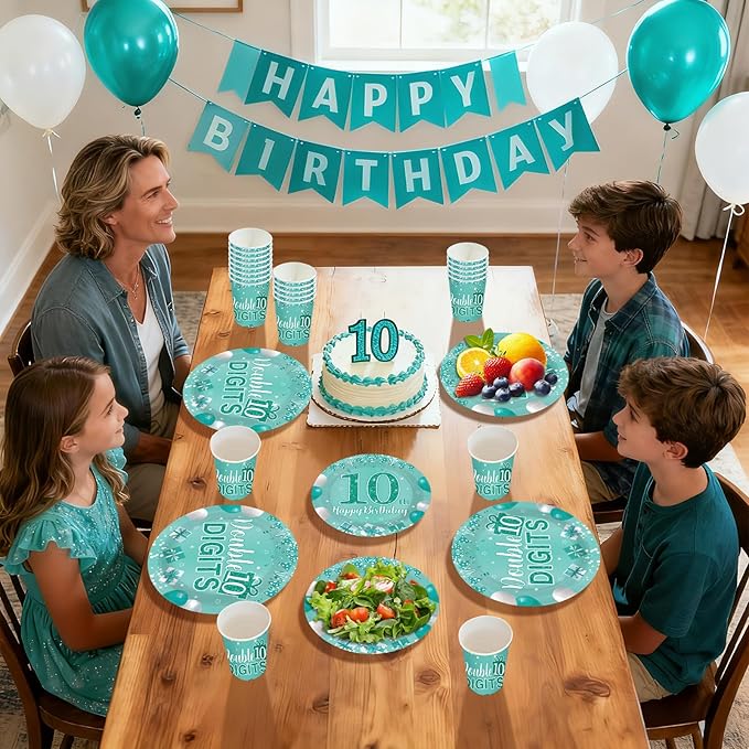 168Pcs 10th Teal and Silver Birthday Party Decorations Double Digits Theme Plates and Napkins Cups Forks Tableware Sets for Boys Girls Green Silver 10 Years Old Birthday Party Supplies Serves 24