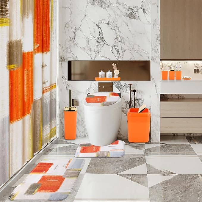 Bathroom Set - Orange Bathroom Accessories Set, Bathroom Sets with Shower Curtain and Rugs, Orange Shower Curtain Set with Bathroom Trash Can, Soap Dispenser, Soap Dish for Home Decor