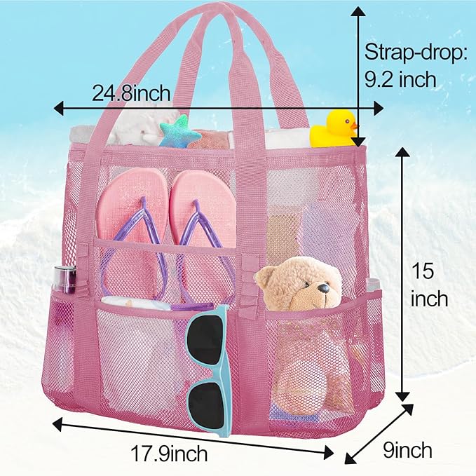 Mesh Beach Bags for Family - Women Beach Tote Bag for Toys, Towels, Travel Vacation Cruise Essentials