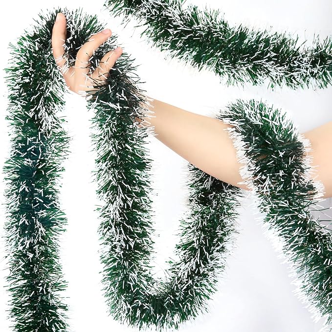 50Ft Christmas Tinsel Garland, Green Metallic Twist Garland for Christmas Tree Decorations, Xmas Tree Decor for Holiday Party Supplies (Green)