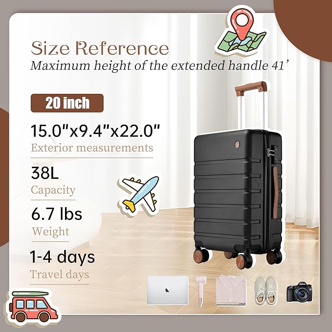 Hulsin Carry on Luggage Suitcase, 22x14x9 Airline Approved 20 Inch Hardside Carry-on Luggage with Spinner Wheels, Hard Shell Luggage with TSA Lock, Hard Case Small Travel Suitcase (Black, 20-Inch)
