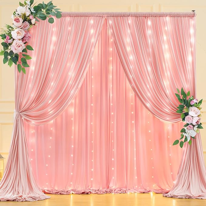 10 x 10ft Dusty Pink Backdrop Curtains with Lights String for Girls Party Photo Backdrop Drapes Wrinkle Free Polyester Curtains Backdrop for Birthday Wedding Reception Baby Shower Ceremony-5 x 10ft 2P