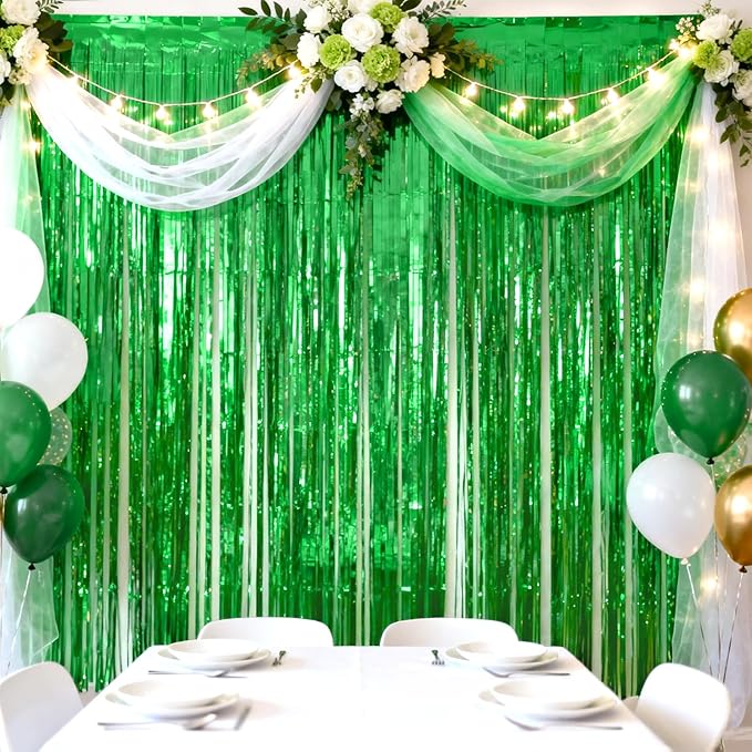 jijAcraft 3 Pack Metallic Green Tinsel Foil Fringe Curtain, Jungle Party Decorations, Emerald Green Party Photo Backdrop for St Patrick's Day Dinosaur Party Graduation Christmas Garden Party Decor