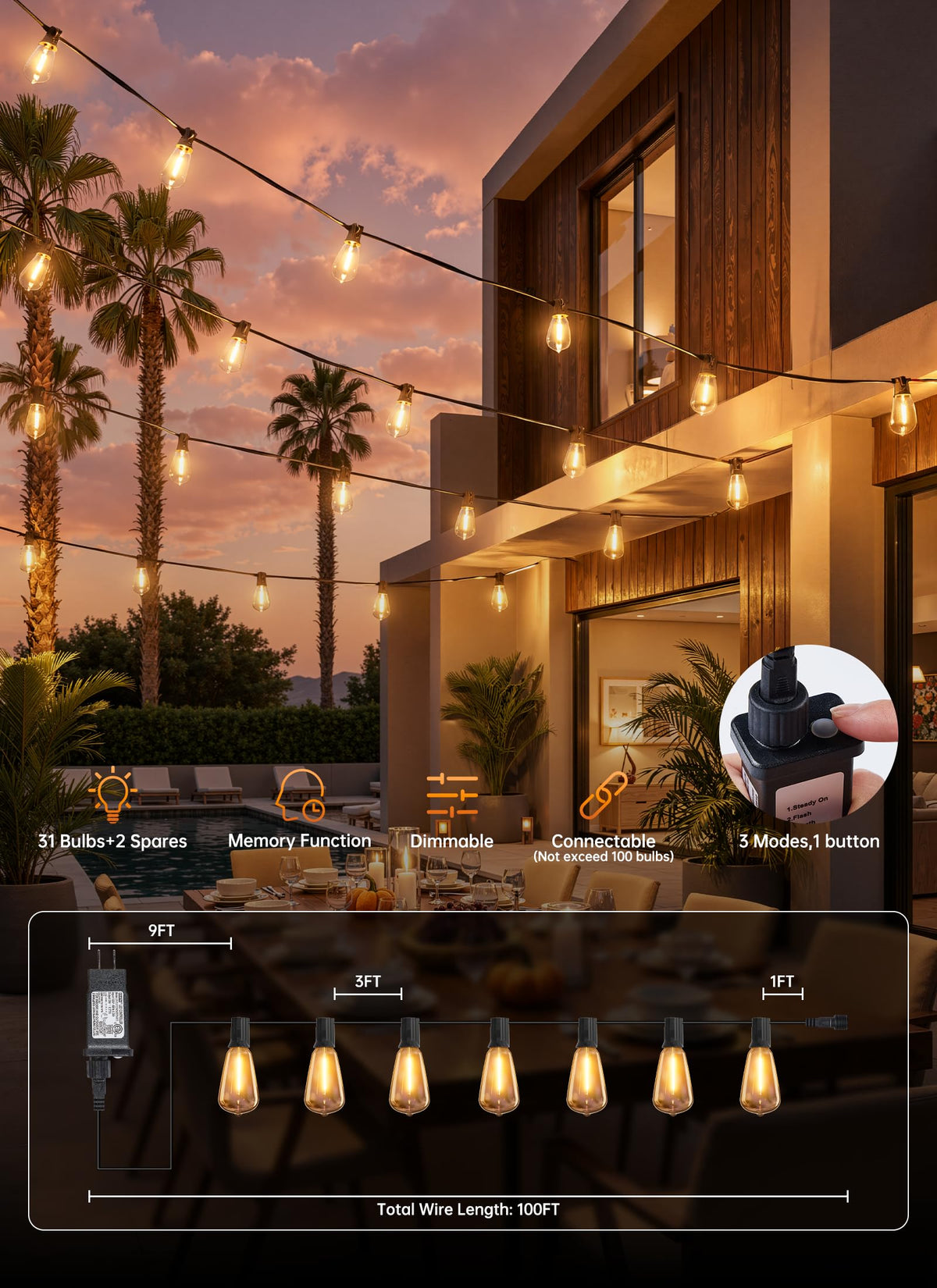 Minetom 100FT Outdoor String Lights with Remote, ST38 Patio Lights Dimmable