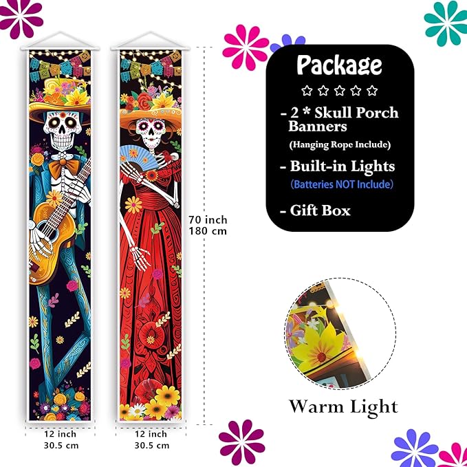 Halloween Decorations Dia De Los Muertos Lighted Porch Sign Banners Halloween Decor Mexico Day of The Dead Porch Signs Banner Indoor Outdoor Wall Door Party Decor Decoration Ornaments