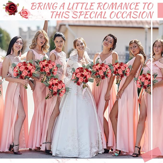 Zeyune 12 Bunches Wedding Bridesmaids Bouquets 144 Heads 7 Inch Artificial Rose Bouquets Silk Fake Flower Bulk with Stems for Valentine's Day Wedding Bridal Shower Home Party Decor(Rose Red)