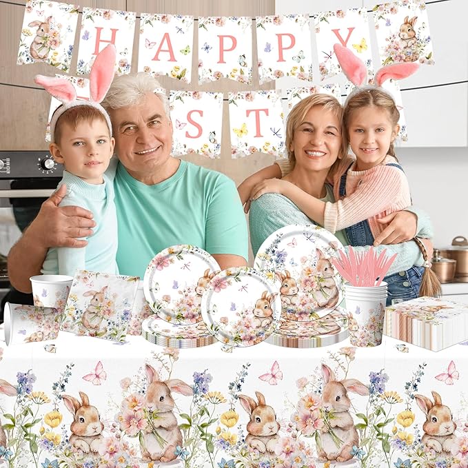 Easter Bunny Decorations-142Pcs Floral Bunny Tableware Happy Easter Plates and Napkins Kit Vintage Rabbits Spring Party Supplies for Kids