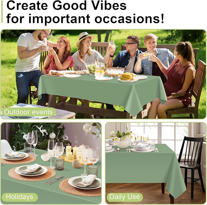 QIKSION Sage Green Plastic Table Cloth Disposable 2 Pack, 54 x 108 Inch Tablecloths for Baby Shower Birthday Bridal Wedding Party Decorations, Rectangle Table Cover