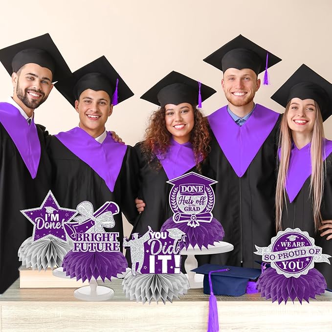 12pcs Graduation Table Decorations 2026, Purple Graduation Decorations 2026 Purple and Silver Graduation Centerpieces for Tables,Class of 2026 Centerpieces Honeycomb for Congrats Grad Table Decor