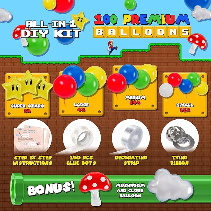 ALL-IN-1 Super Adventure Balloon Arch Kit with BONUS Mushroom, Cloud & Star Balloons for Bros Party Decorations - Red Blue Green Yellow Balloons for Video Game Birthday Decoration & Party Supplies