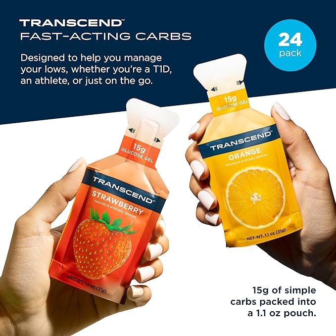 Transcend Foods Strawberry + Orange Gels (1.1 oz, Pack of 24) Fast-Acting Carb Gel Strawberry and Orange Flavor – Caffeine Free, Gluten Free