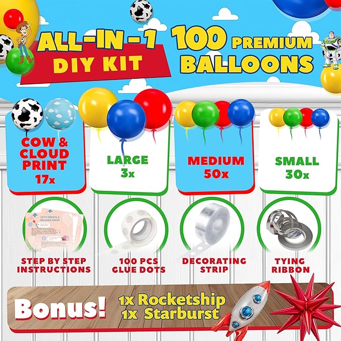 ALL-IN-1 Toy Story Balloons Arch Kit for It's A Boy Story Baby Shower Decorations Theme – Toys Story Balloon Garland Kit with Cloud & Cow Toy Story Balloons for First Boy Story Birthday Party Supplies