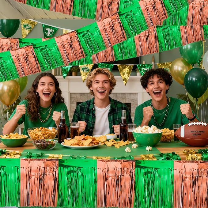 4 Packs 10 Feet Long Foil Fringe Football Parade Float Decorations for Trailer Superbowl Tinsel Garland Tinsel Green Brown Homecoming Metallic Car Streamers Super Ball Party Hanging Banner Backdrop