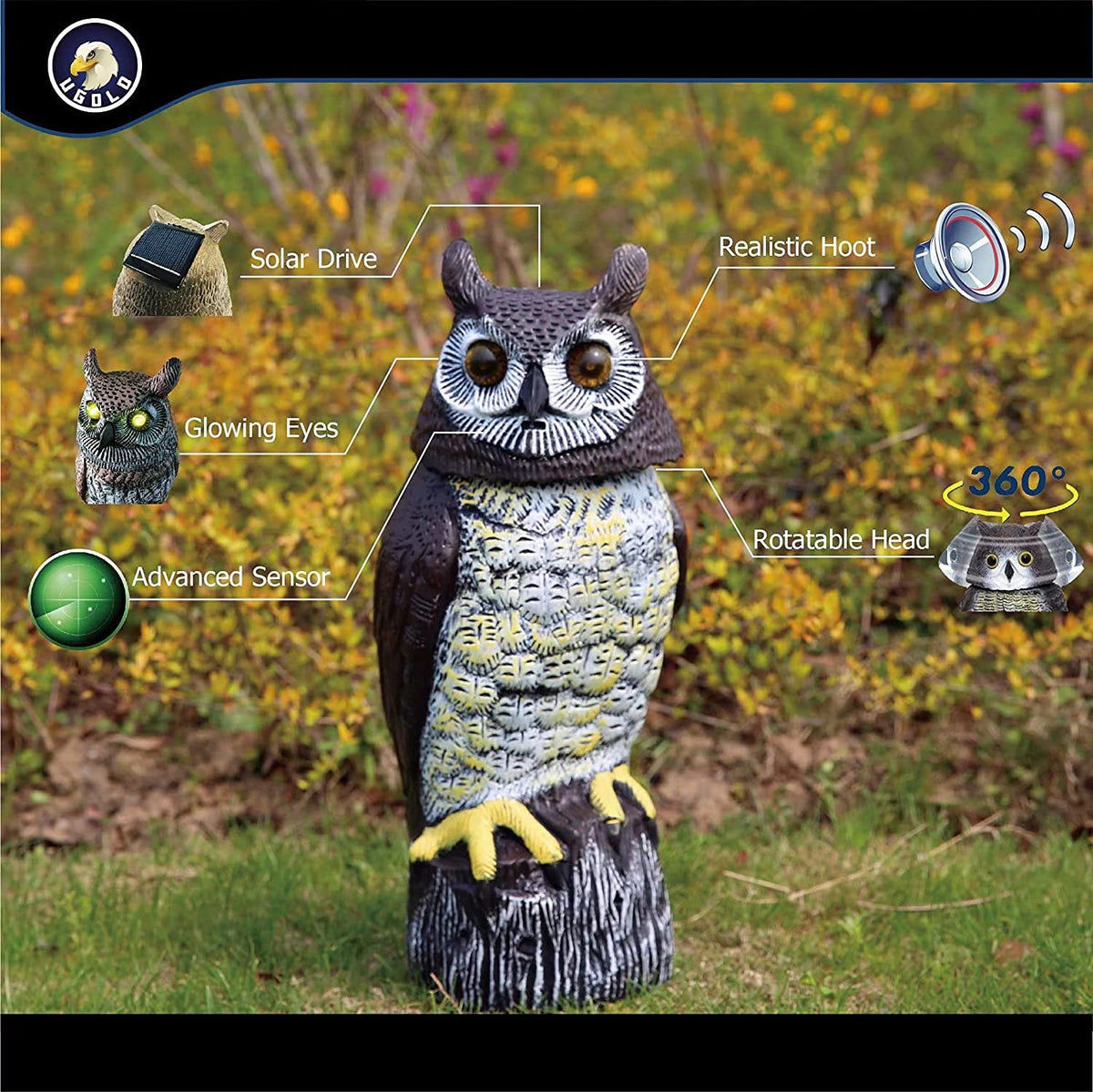 Ugold Solar Powered Owl with Motion Detection, Silent Mode, Flashing Eyes, Rotatable Head and Realistic Hoots, Plastic Owl Decoration for Home, Garden, Patio and Fence