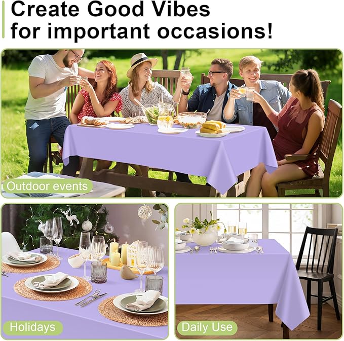 QIKSION Lavender Plastic Table Cloth Disposable 3 Pack, 54 x 108 Inch Tablecloths for Birthday Party Supplies, Easter Decorations, Light Purple, Pastel, Lilac Rectangle Table Cover