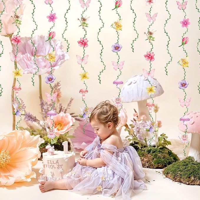 Fairy Birthday Party Garlands, Ready to Hang Fairy First Birthday Decorations with Double Sided Flowers Butterflies and Green Vines for Fairy Baby Shower, Girls Birthday and Garden Party