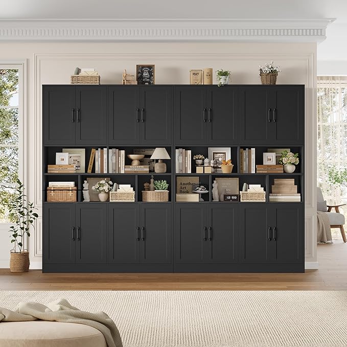 HORSTORS 71" Tall Storage Cabinet, Large Kitchen Cabinet with Deep Shelves and Doors, 47" Freestanding Display Shelf with Storage for Home Office, Living Room, Black