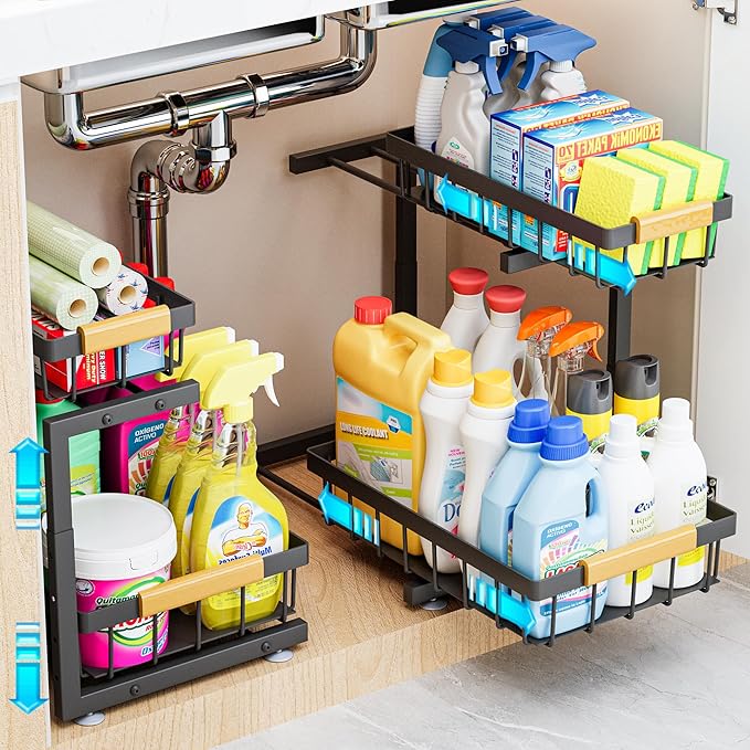 ADBIU Under Sink Organizer, 2 Pack 2 Tier Expandable Height (13.2" - 17.2") Pulling Out Kitchen Bathroom Cabinet Organizers
