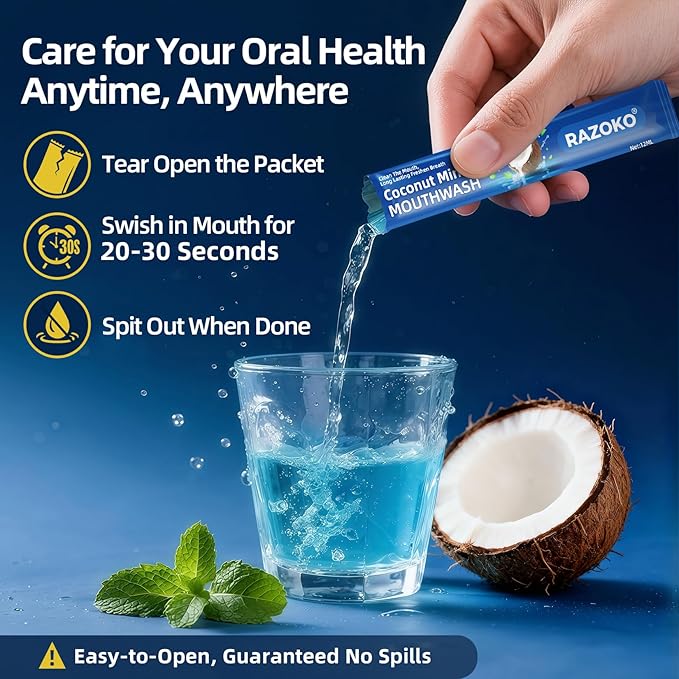 RAZOKO Mouthwash Travel Size-Portable Fresh Mint Packets,Alcohol & Fluoride Free Mouthwash,Disposable Oral Care Strips (0.41 Fl Oz (Pack of 20), Coconut)